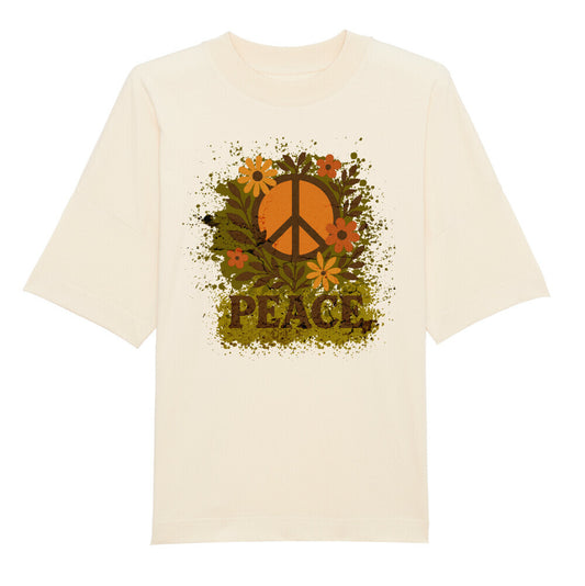 Premium Organic Oversize Blast aus der Toripros PEACE Kollektion – Flowers PEACE Design in Natural Raw, natürliches Statement-Piece mit floraler Friedensbotschaft