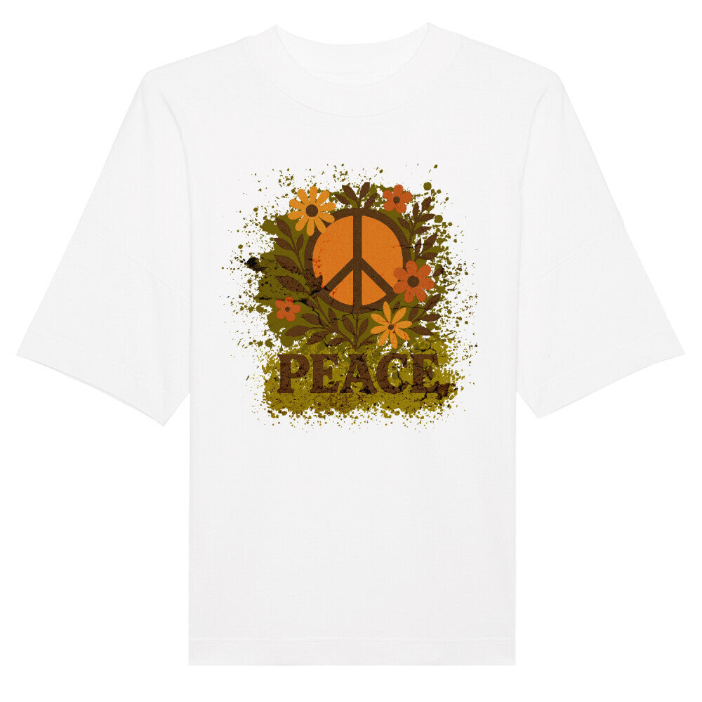 Premium Organic Oversize Blast aus der Toripros PEACE Kollektion – Flowers PEACE Design in Weiß, nachhaltiges Statement-Piece mit floraler Friedensbotschaft