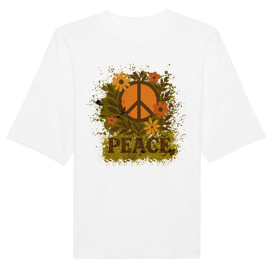 Premium Organic Oversize Blast aus der Toripros PEACE Kollektion – Flowers PEACE Design in Weiß, nachhaltiges Statement-Piece mit floraler Friedensbotschaft