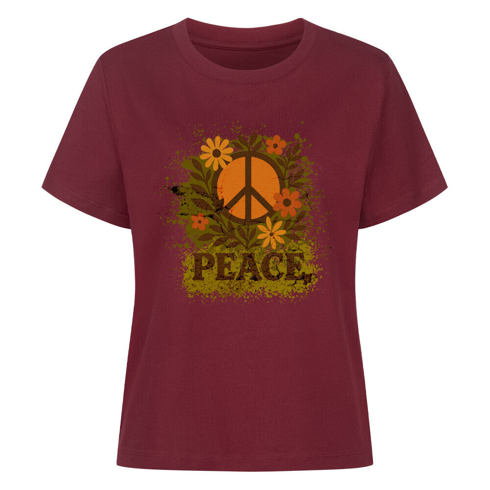 Premium Organic Shirt für Damen aus der Toripros PEACE Kollektion – Flowers PEACE Design in Burgunder, ausdrucksstarkes Statement-Piece mit floraler Friedensbotschaft
