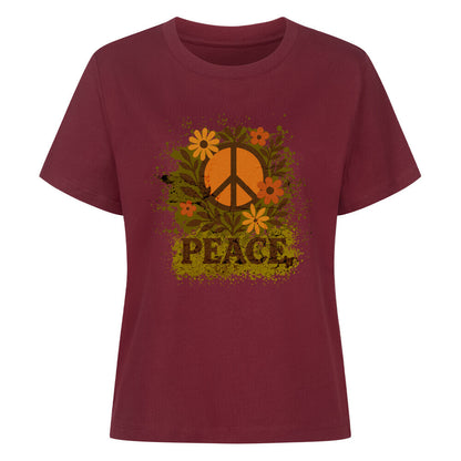 Premium Organic Shirt für Damen aus der Toripros PEACE Kollektion – Flowers PEACE Design in Burgunder, ausdrucksstarkes Statement-Piece mit floraler Friedensbotschaft