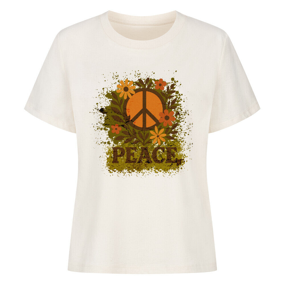 Premium Organic Shirt für Damen aus der Toripros PEACE Kollektion – Flowers PEACE Design in Natural, natürliches Statement-Piece mit floraler Friedensbotschaft