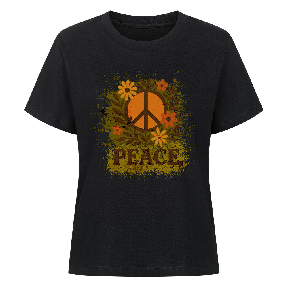 Premium Organic Shirt für Damen aus der Toripros PEACE Kollektion – Flowers PEACE Design in Schwarz, modernes Statement-Piece mit floraler Friedensbotschaft