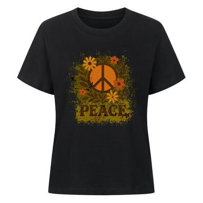 Premium Organic Shirt für Damen aus der Toripros PEACE Kollektion – Flowers PEACE Design in Schwarz, modernes Statement-Piece mit floraler Friedensbotschaft