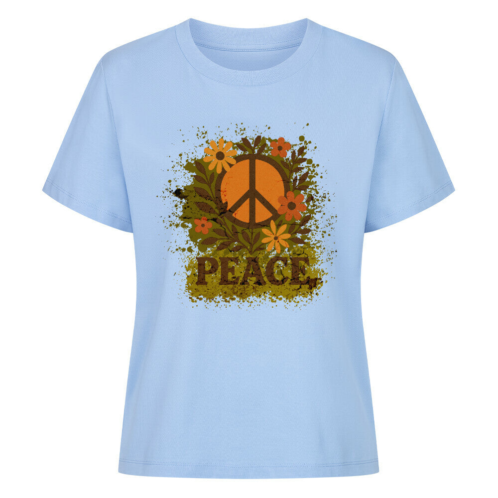 Premium Organic Shirt für Damen aus der Toripros PEACE Kollektion – Flowers PEACE Design in Sky Blue, leichtes Statement-Piece mit floraler Friedensbotschaft
