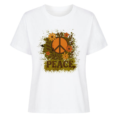 Premium Organic Shirt für Damen aus der Toripros PEACE Kollektion – Flowers PEACE Design in Weiß, nachhaltiges Statement-Piece mit floraler Friedensbotschaft