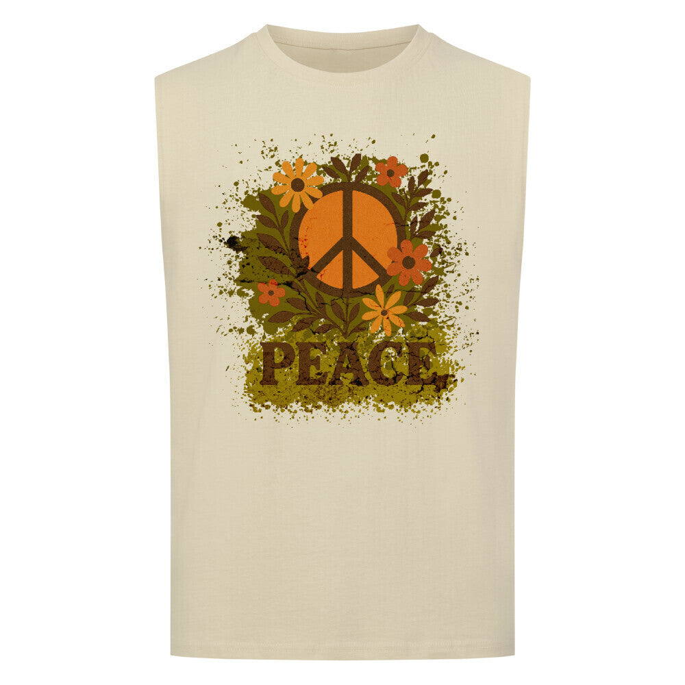 Ärmelloses Oversized T-Shirt aus der Toripros PEACE Kollektion – Flowers PEACE Design in Sand, natürliches Statement-Piece mit floraler Friedensbotschaft