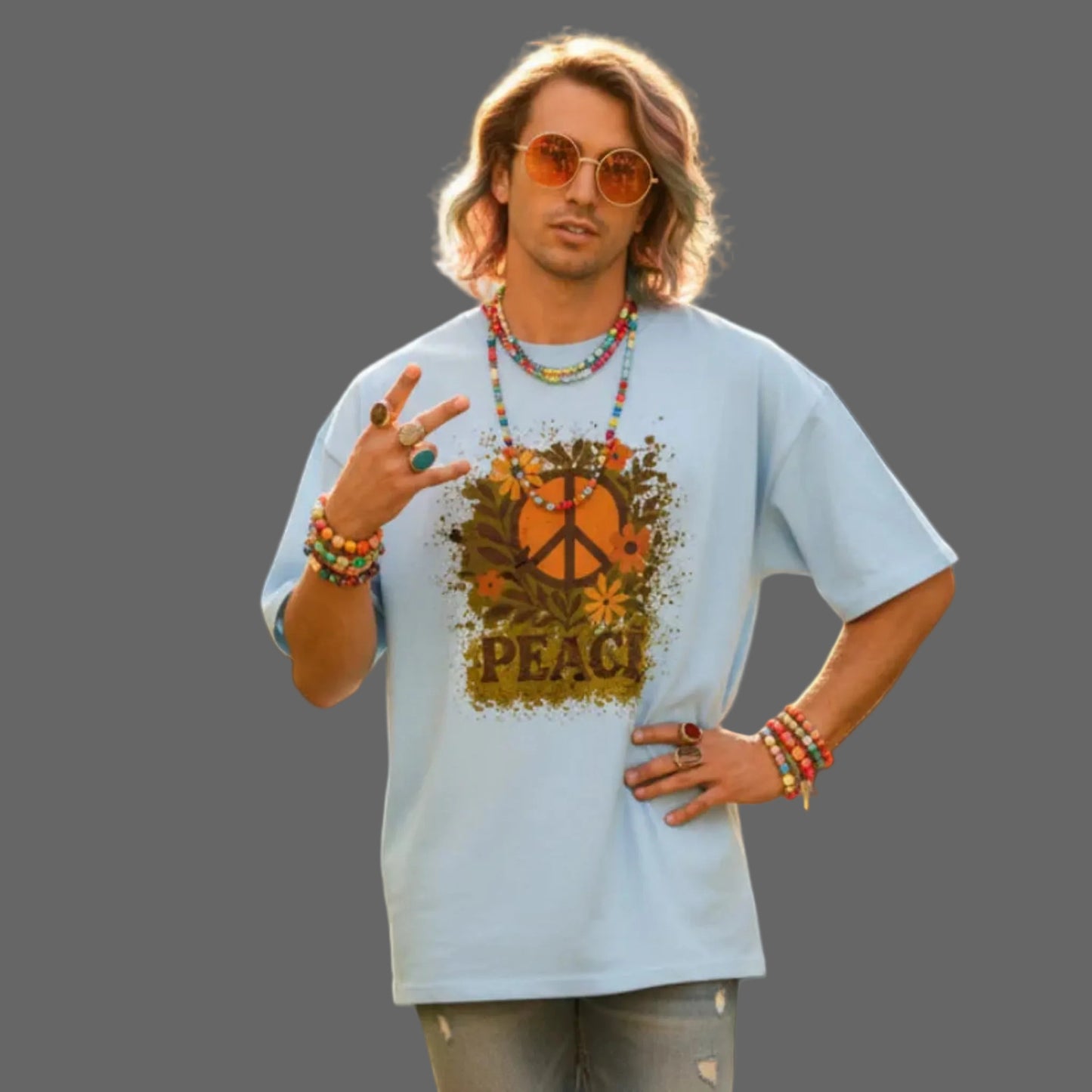 Oversized Shirt aus der Toripros PEACE Kollektion – Flowers PEACE Design in Babyblau, leichtes Statement-Piece mit floraler Friedensbotschaft