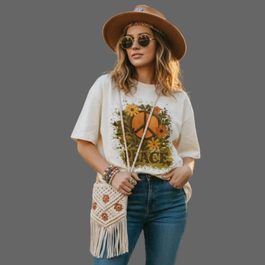 Oversized Shirt aus der Toripros PEACE Kollektion – Flowers PEACE Design in Natural Raw, natürliches Statement-Piece mit floraler Friedensbotschaft