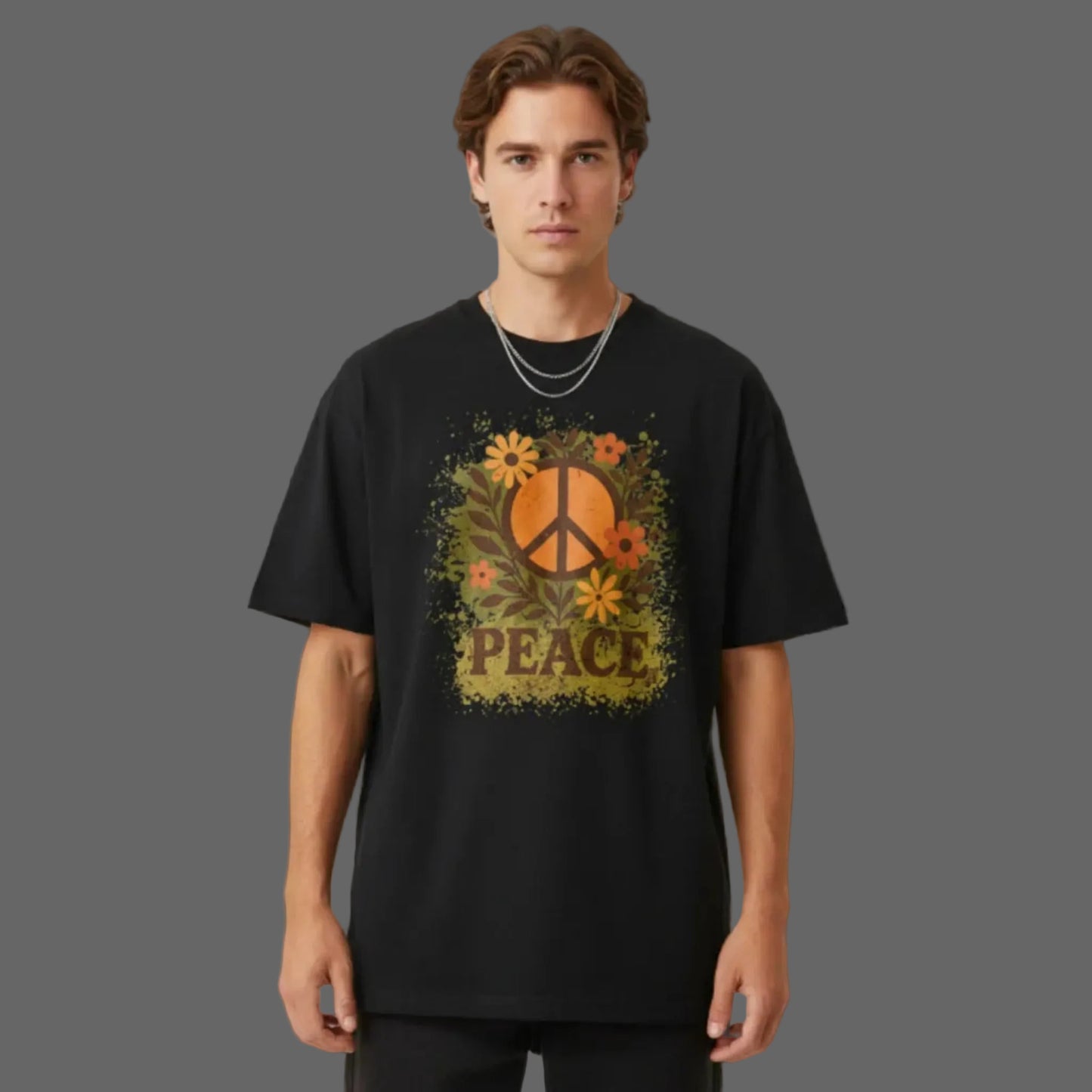 Oversized Shirt aus der Toripros PEACE Kollektion – Flowers PEACE Design in Schwarz, modernes Statement-Piece mit floraler Friedensbotschaft