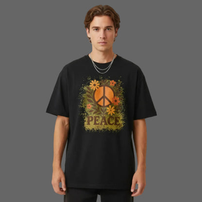 Oversized Shirt aus der Toripros PEACE Kollektion – Flowers PEACE Design in Schwarz, modernes Statement-Piece mit floraler Friedensbotschaft