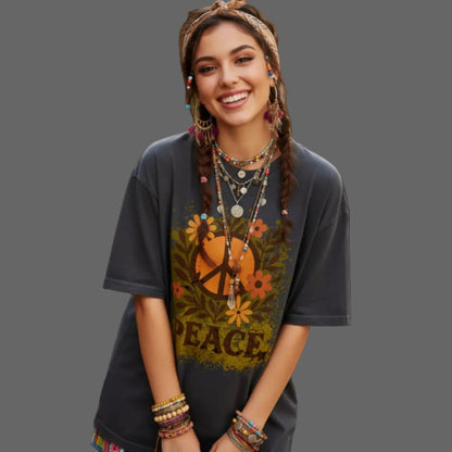 Toripros PEACE Kollektion – Flowers PEACE VACANCY Oversized Shirt (Washed Black)