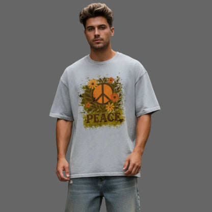 Oversized Shirt aus der Toripros PEACE Kollektion – Flowers PEACE Design in Washed Grey, zeitloses Statement-Piece mit floraler Friedensbotschaft