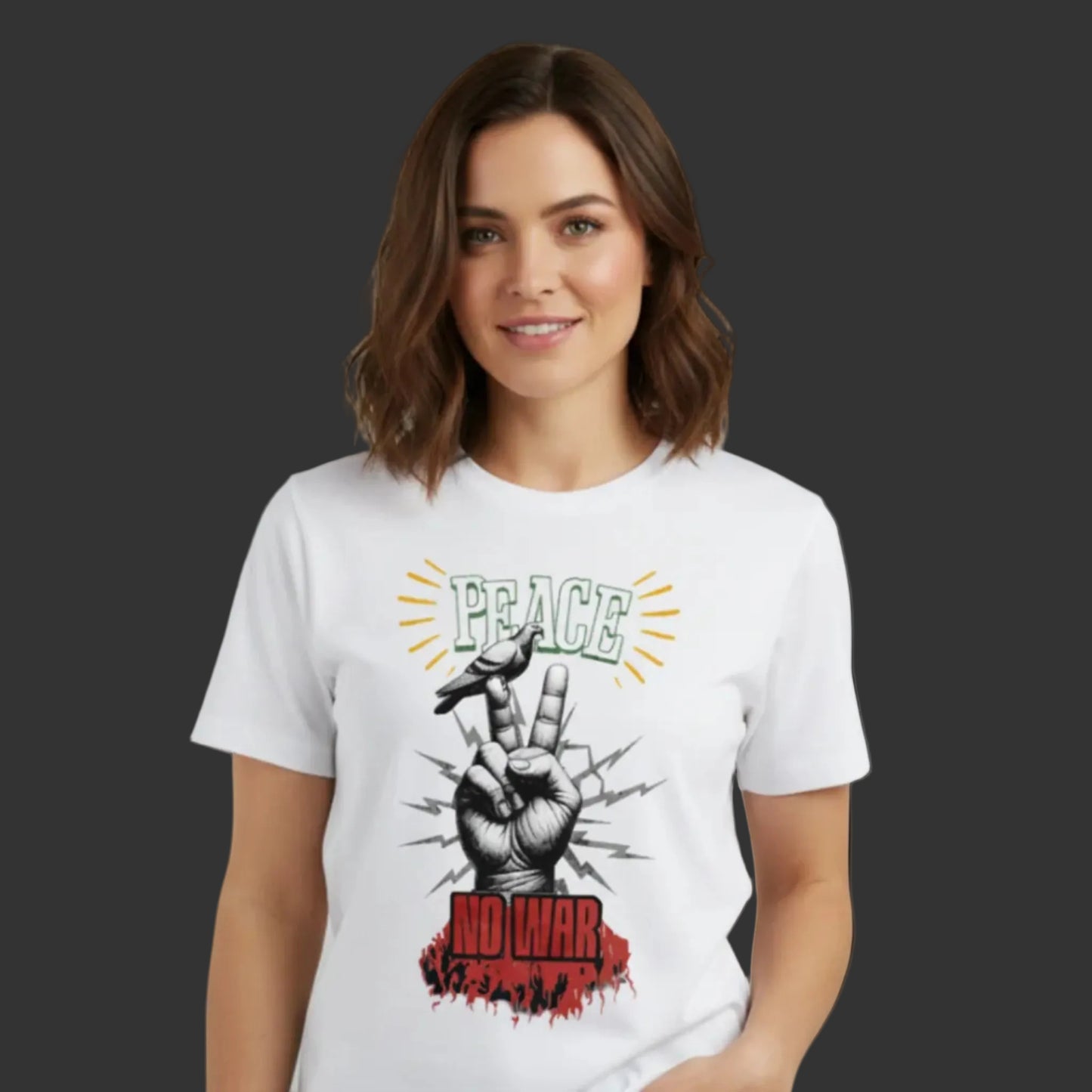 Premium T-Shirt aus der Toripros PEACE Kollektion – PEACE no WAR Design in Weiß, nachhaltiges Statement-Piece mit klarer Friedensbotschaft