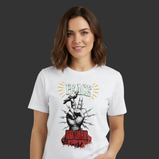 Premium T-Shirt aus der Toripros PEACE Kollektion – PEACE no WAR Design in Weiß, nachhaltiges Statement-Piece mit klarer Friedensbotschaft
