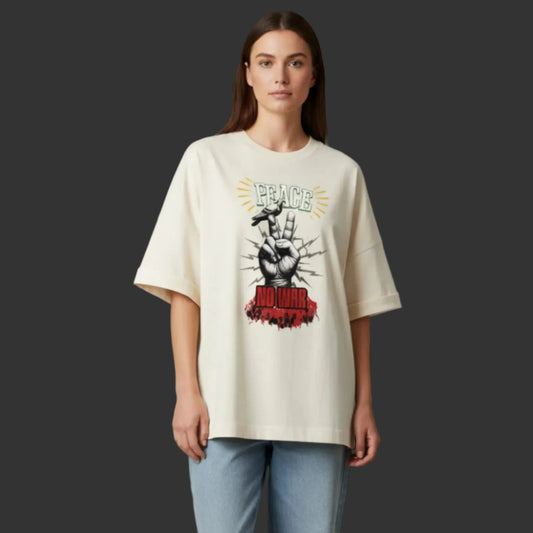 Premium Organic Oversize Blast aus der Toripros PEACE Kollektion – PEACE no WAR Design in Beige, natürliches Statement-Piece mit klarer Friedensbotschaft