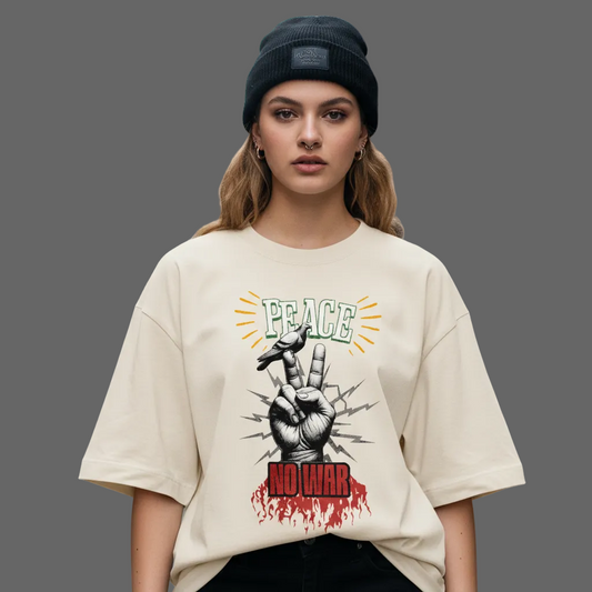 Premium Organic Oversize Blast aus der Toripros PEACE Kollektion – PEACE no WAR Design in Beige, natürliches Statement-Piece mit klarer Friedensbotschaft
