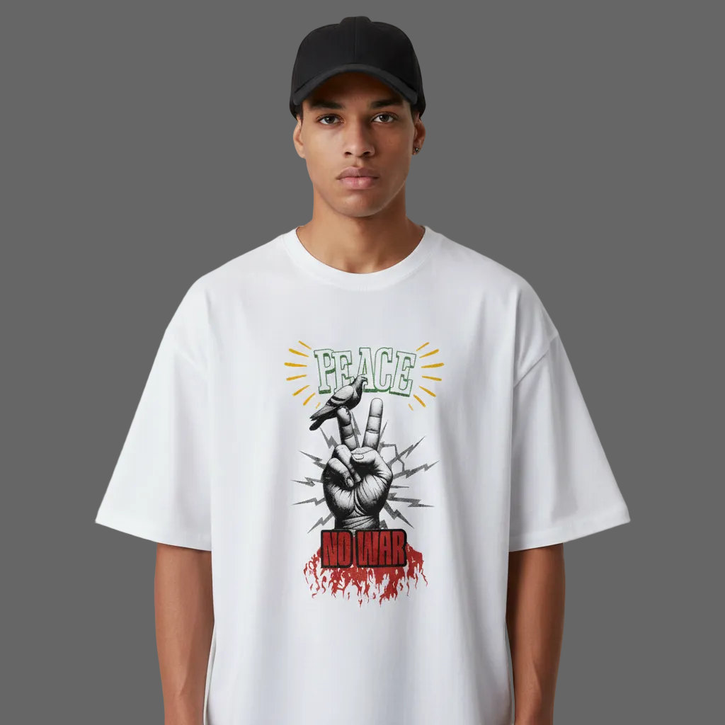 Premium Organic Oversize Blast aus der Toripros PEACE Kollektion – PEACE no WAR Design in Weiß, nachhaltiges Statement-Piece mit klarer Friedensbotschaft