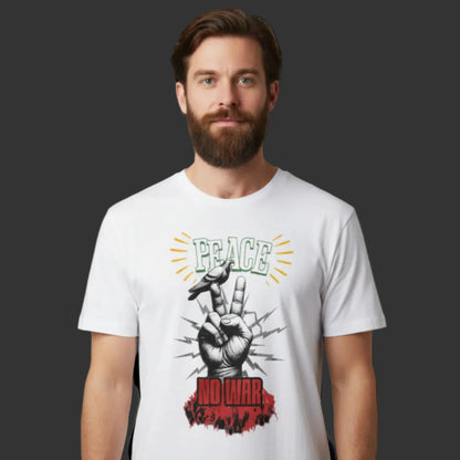Premium Organic Shirt aus der Toripros PEACE Kollektion – PEACE no WAR Design in Weiß, nachhaltiges Statement-Piece mit klarer Friedensbotschaft