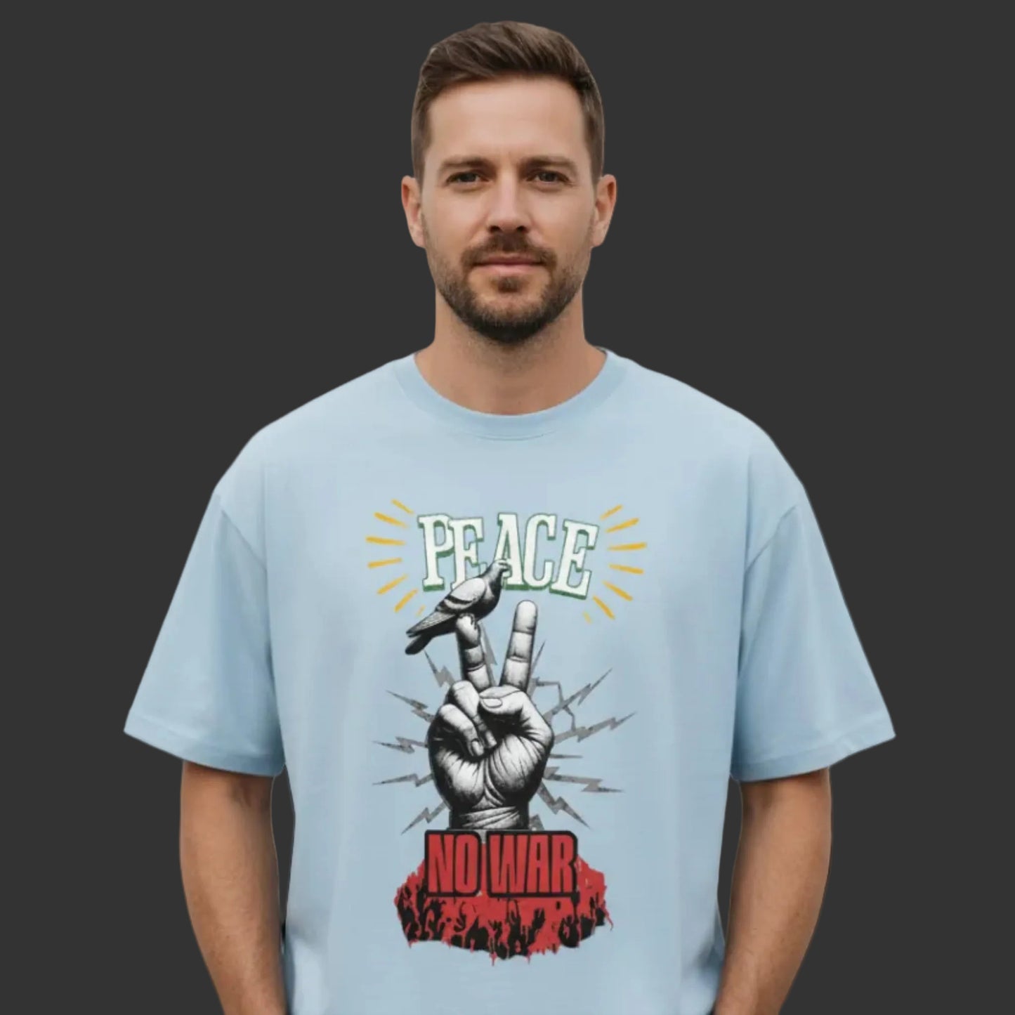 Oversized Shirt aus der Toripros PEACE Kollektion – PEACE no WAR Design in Babyblau, leichtes Statement-Piece mit klarer Friedensbotschaft