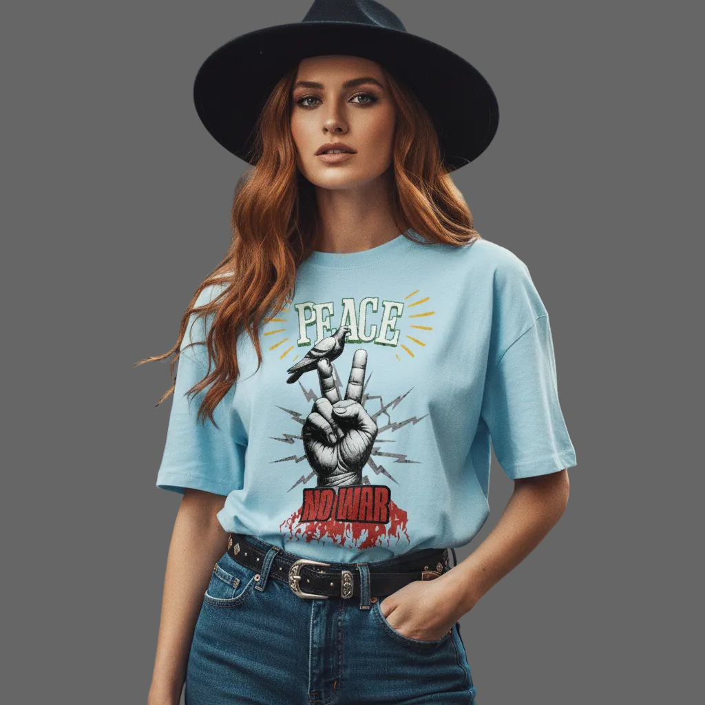 Oversized Shirt aus der Toripros PEACE Kollektion – PEACE no WAR Design in Babyblau, leichtes Statement-Piece mit klarer Friedensbotschaft