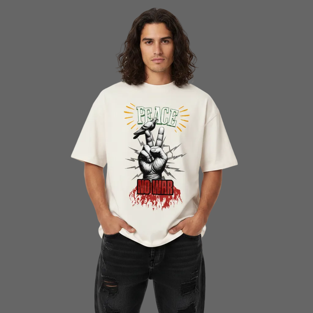 Oversized Shirt aus der Toripros PEACE Kollektion – PEACE no WAR Design in Natural Raw, natürliches Statement-Piece mit klarer Friedensbotschaft
