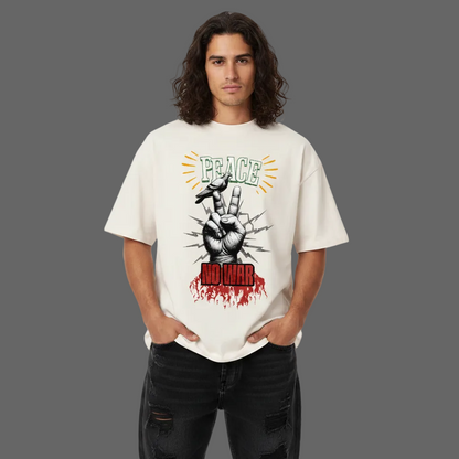 Oversized Shirt aus der Toripros PEACE Kollektion – PEACE no WAR Design in Natural Raw, natürliches Statement-Piece mit klarer Friedensbotschaft