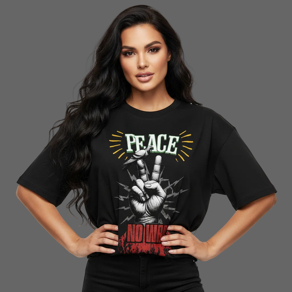 Oversized Shirt aus der Toripros PEACE Kollektion – PEACE no WAR Design in Schwarz, modernes Statement-Piece mit klarer Friedensbotschaft