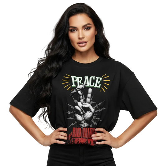 Oversized Shirt aus der Toripros PEACE Kollektion – PEACE no WAR Design in Schwarz, modernes Statement-Piece mit klarer Friedensbotschaft