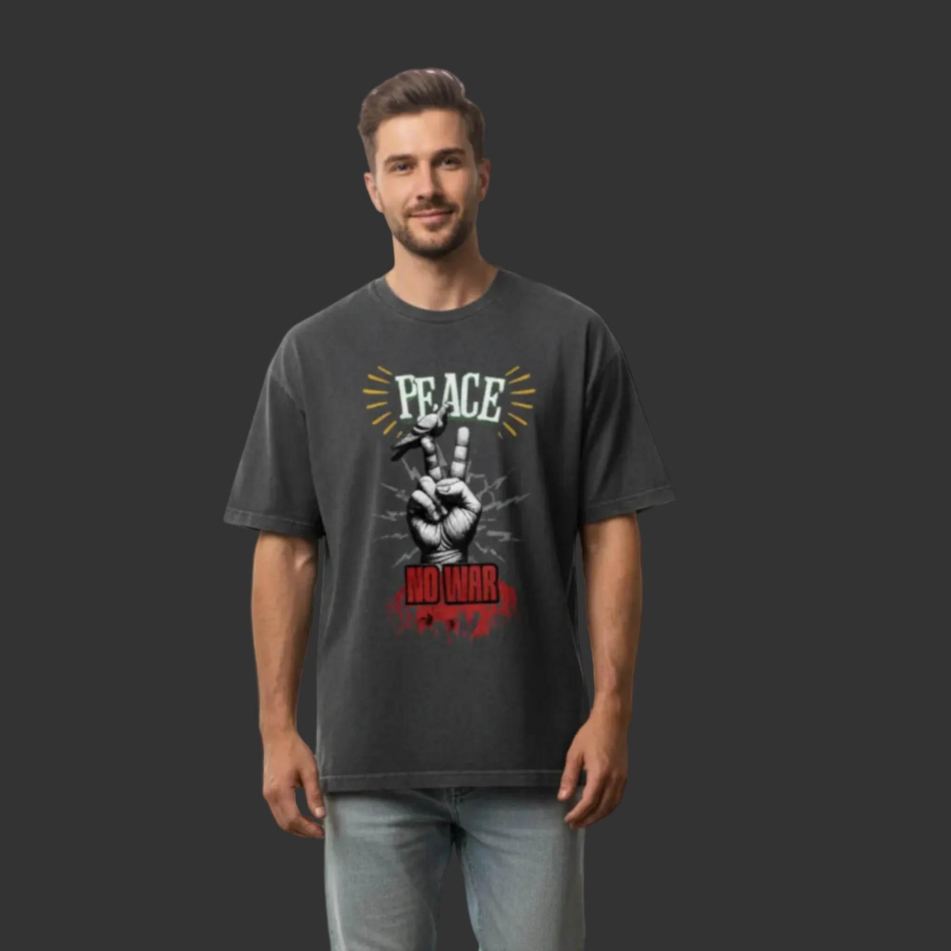 Oversized Shirt aus der Toripros PEACE Kollektion – PEACE no WAR Design in Washed Black, lässiges Statement-Piece mit klarer Friedensbotschaft