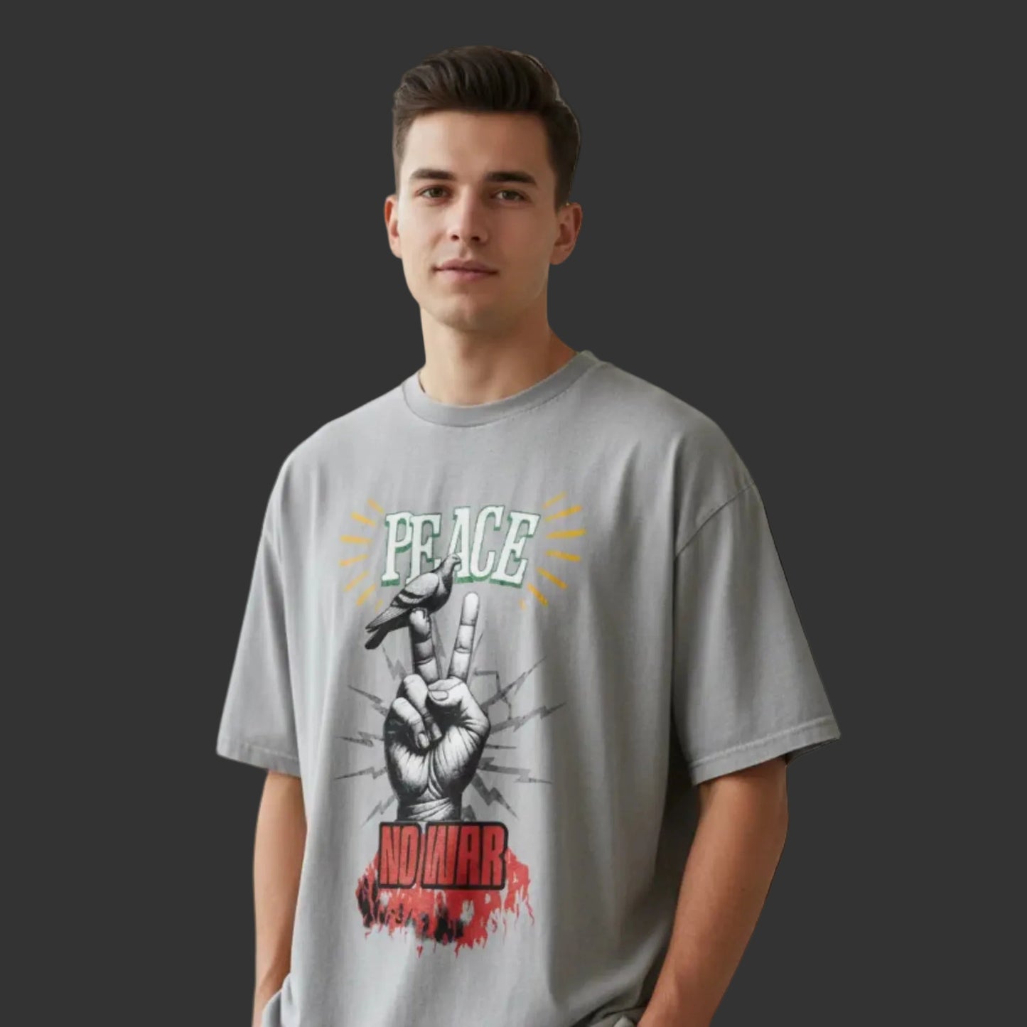 Oversized Shirt aus der Toripros PEACE Kollektion – PEACE no WAR Design in Washed Grey, zeitloses Statement-Piece mit klarer Friedensbotschaft