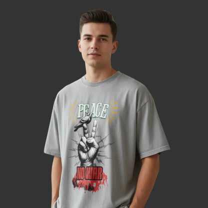 Oversized Shirt aus der Toripros PEACE Kollektion – PEACE no WAR Design in Washed Grey, zeitloses Statement-Piece mit klarer Friedensbotschaft