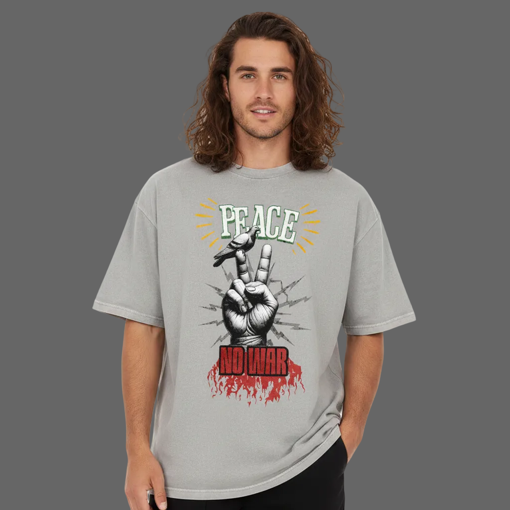 Oversized Shirt aus der Toripros PEACE Kollektion – PEACE no WAR Design in Washed Grey, zeitloses Statement-Piece mit klarer Friedensbotschaft