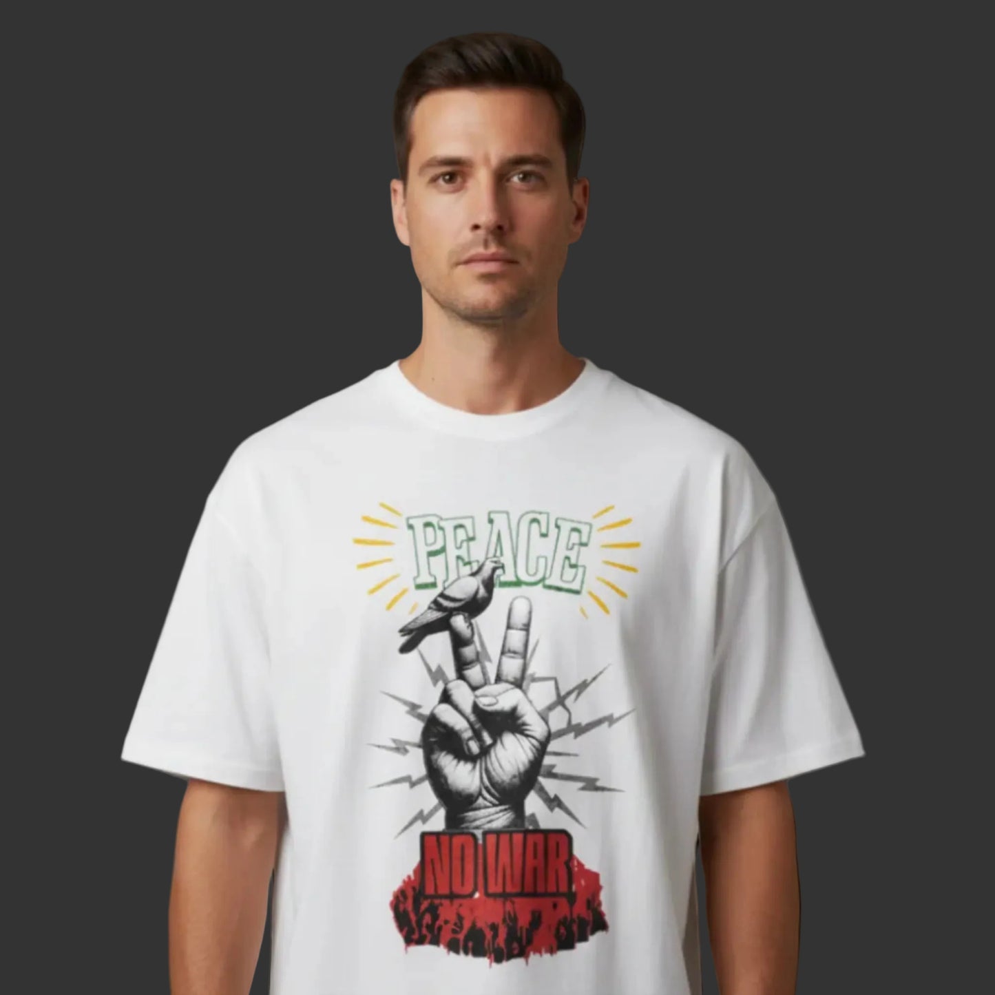 Oversized Shirt aus der Toripros PEACE Kollektion – PEACE no WAR Design in Weiß, nachhaltiges Statement-Piece mit klarer Friedensbotschaft
