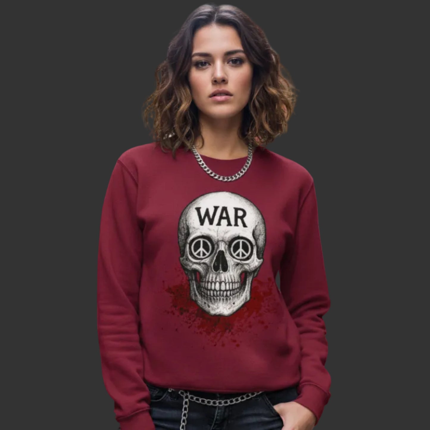 Classic Sweatshirt aus der Toripros PEACE Kollektion – WAR is DEATH Design in Burgunder, kraftvolles Fashion-Statement für Frieden und Bewusstsein