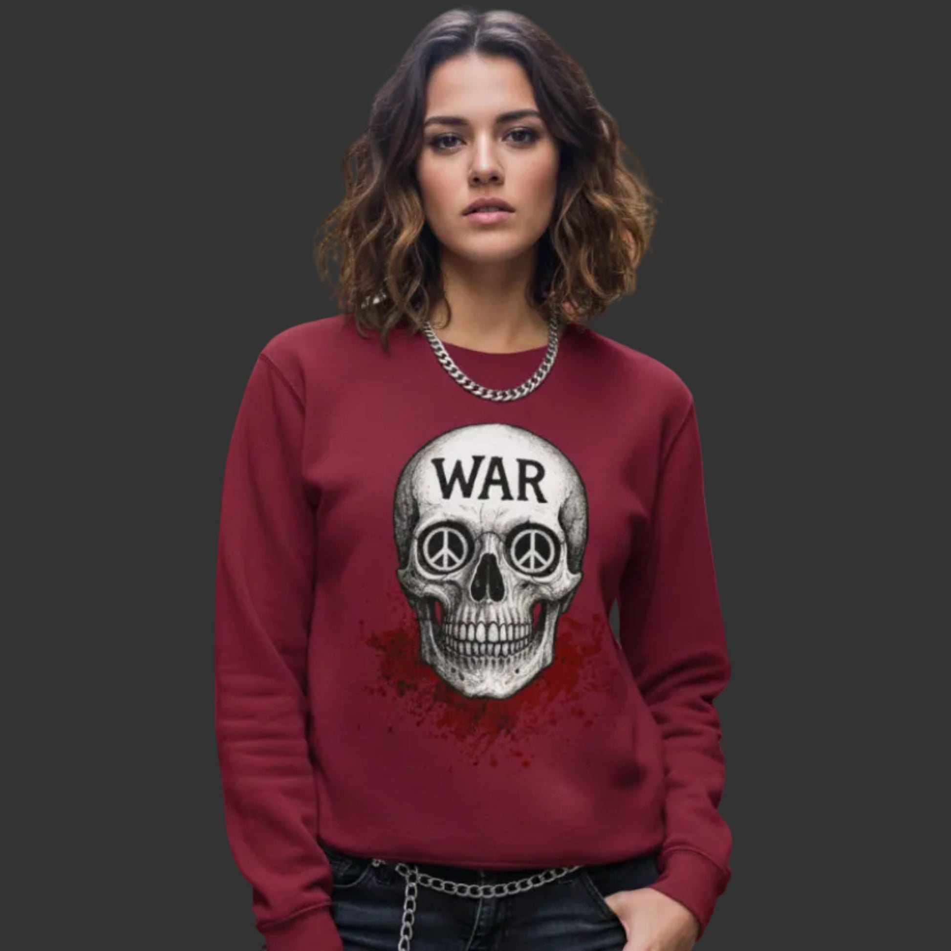 Classic Sweatshirt aus der Toripros PEACE Kollektion – WAR is DEATH Design in Burgunder, kraftvolles Fashion-Statement für Frieden und Bewusstsein