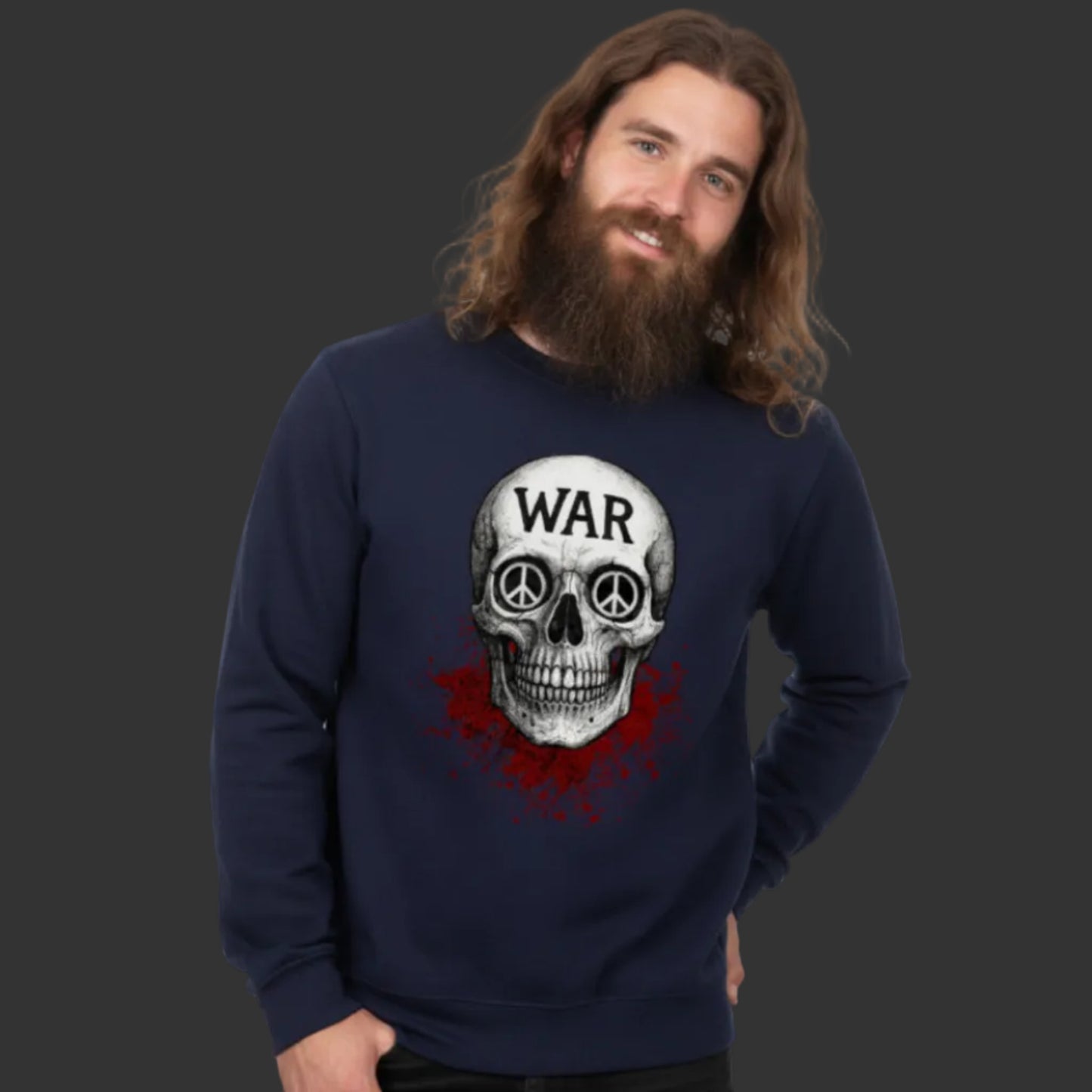 Classic Sweatshirt aus der Toripros PEACE Kollektion – WAR is DEATH Design in Navy Blue, stilvolles Statement für Frieden und verantwortungsvolle Mode