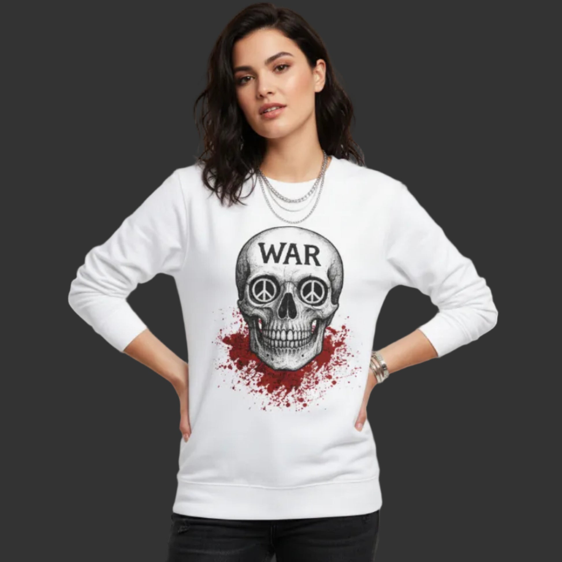 Classic Sweatshirt aus der Toripros PEACE Kollektion – WAR is DEATH Design in Weiß, nachhaltiges Statement für Frieden und zeitlosen Stil