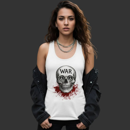 Damen Tanktop aus der Toripros PEACE Kollektion – WAR is DEATH Design in Weiß, nachhaltiges Statement-Piece für Frieden und bewusste Mode