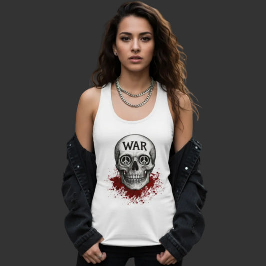 Damen Tanktop aus der Toripros PEACE Kollektion – WAR is DEATH Design in Weiß, nachhaltiges Statement-Piece für Frieden und bewusste Mode