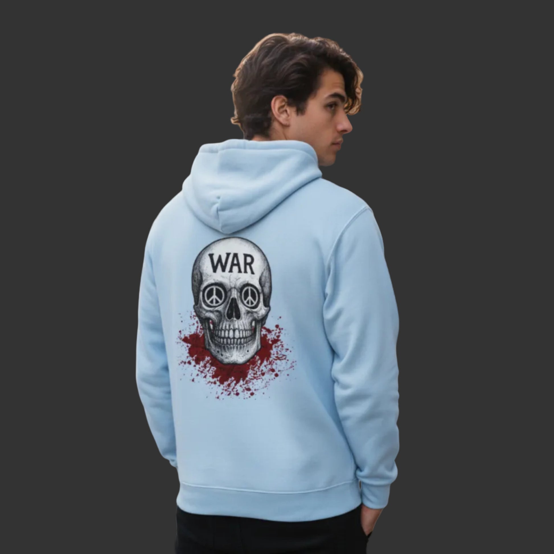 Premium Hoodie aus der Toripros PEACE Kollektion – WAR is DEATH Design in Babyblau, modernes Statement für Frieden, Leichtigkeit und Stil