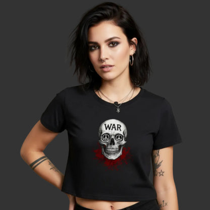 Cropped Damen T-Shirt aus der Toripros PEACE Kollektion – WAR is DEATH Design in Schwarz, stylisches Statement für Frieden, Stärke und Bewusstsein