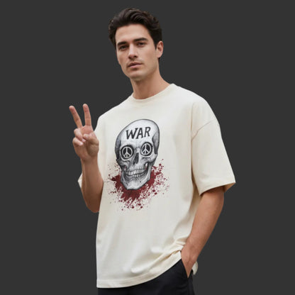 Oversize Premium Organic Shirt aus der Toripros PEACE Kollektion – WAR is DEATH Design Blast in Beige, moderner Style mit friedlicher und bewusster Aussage