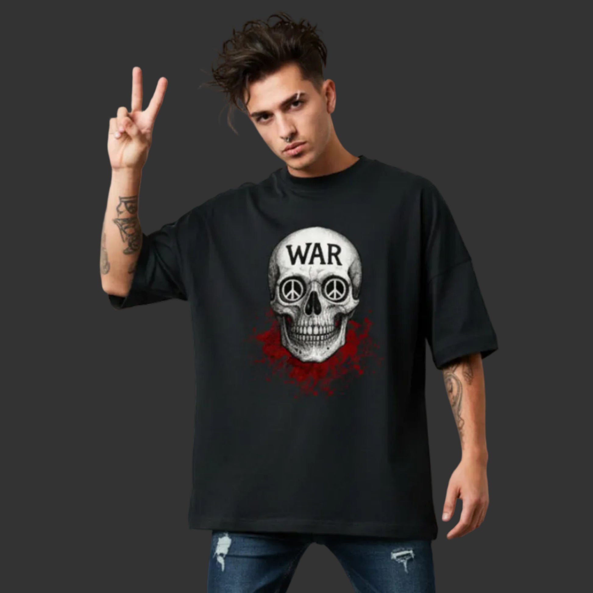 Oversize Premium Organic Shirt aus der Toripros PEACE Kollektion – WAR is DEATH Design Blast in Schwarz, stylisches Statement für Frieden und Nachhaltigkeit