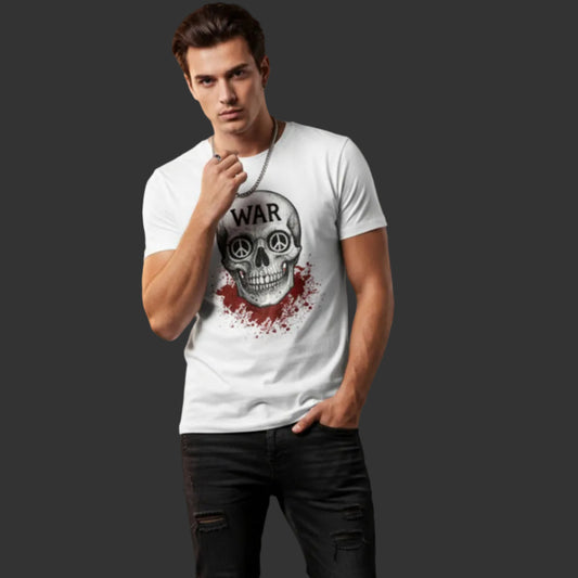 Premium Organic Shirt aus der Toripros PEACE Kollektion – WAR is DEATH Design in Weiß, nachhaltiges Statement für Frieden und bewusstes Design