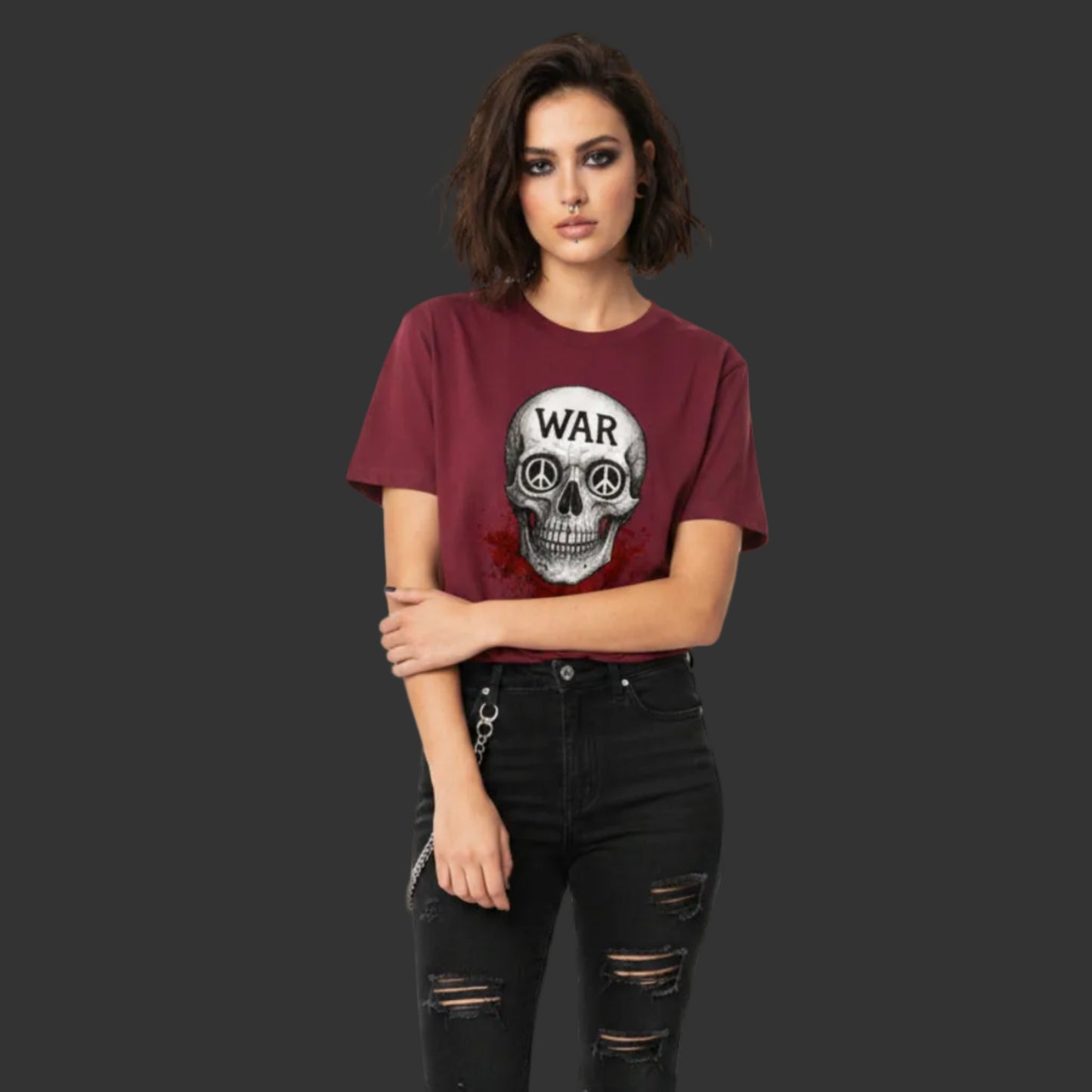 Premium Organic Shirt für Damen aus der Toripros PEACE Kollektion – WAR is DEATH Design in Burgunder, kraftvolles Fashion-Statement für Frieden und Ausdruck