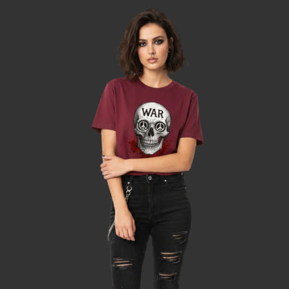 Premium Organic Shirt für Damen aus der Toripros PEACE Kollektion – WAR is DEATH Design in Burgunder, kraftvolles Fashion-Statement für Frieden und Ausdruck