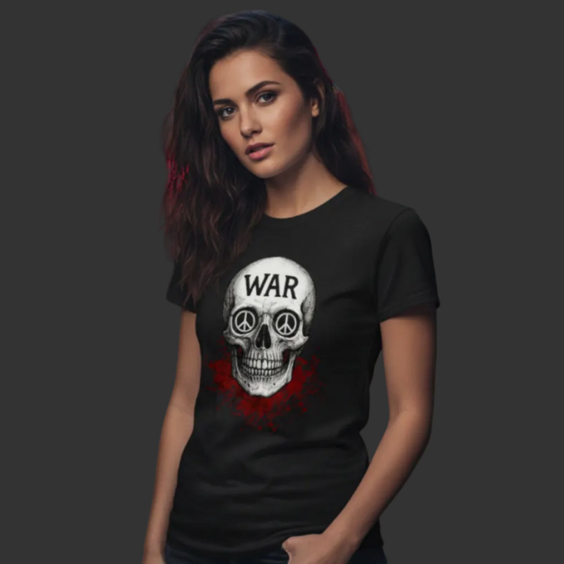 Premium Organic Shirt für Damen aus der Toripros PEACE Kollektion – WAR is DEATH Design in Schwarz, stilvolles Statement für Frieden und Nachhaltigkeit