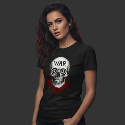 Premium Organic Shirt für Damen aus der Toripros PEACE Kollektion – WAR is DEATH Design in Schwarz, stilvolles Statement für Frieden und Nachhaltigkeit