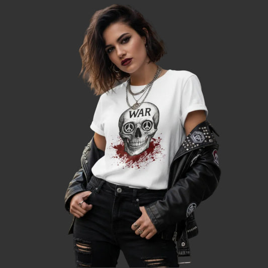 Premium Organic Shirt für Damen aus der Toripros PEACE Kollektion – WAR is DEATH Design in Weiß, nachhaltiges Statement für Frieden und zeitlose Eleganz